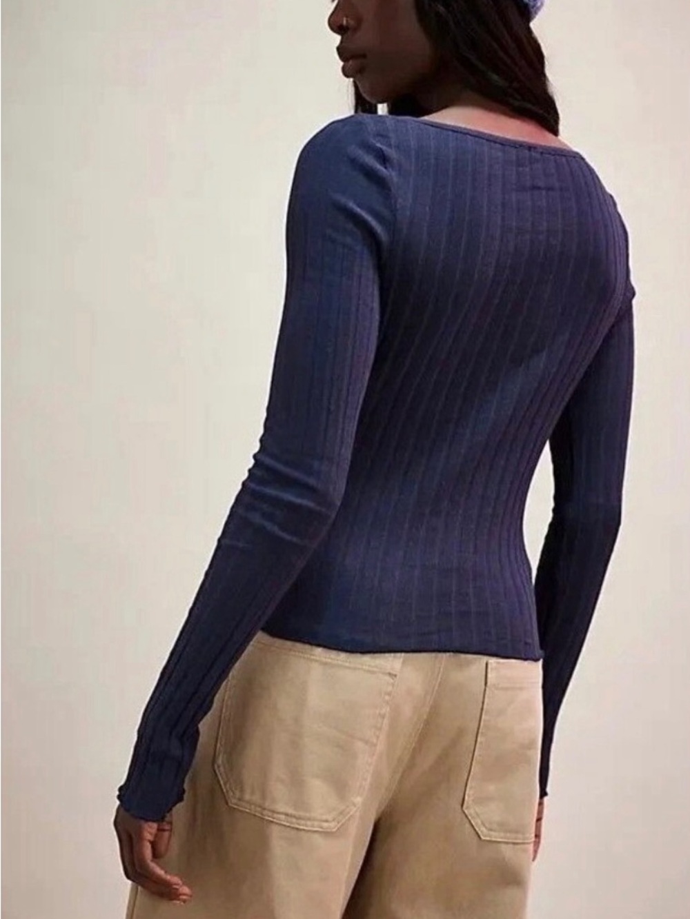 Free People Navy Ribbed Button-Up Long Sleeve Top